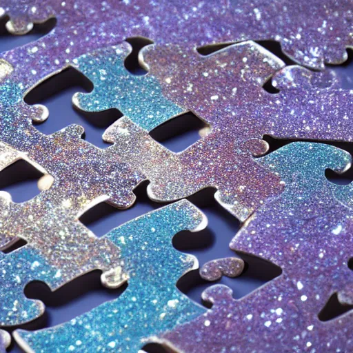 Image similar to Two interlocking puzzle pieces separated by one inch on a glittery surface, hi-res photo