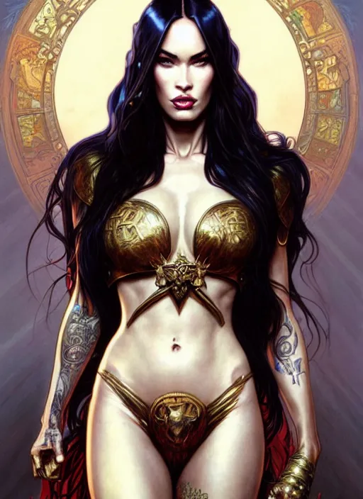 Image similar to megan fox as the goddess of chaos!! intricate elegant, highly detailed, digital painting, artstation, concept art, smooth, sharp focus, illustration, art by ( ( ( artgerm ) ) ) and greg rutkowski! and ( ( alphonse mucha ) ), heavily influenced by frank frazetta and boris vallejo