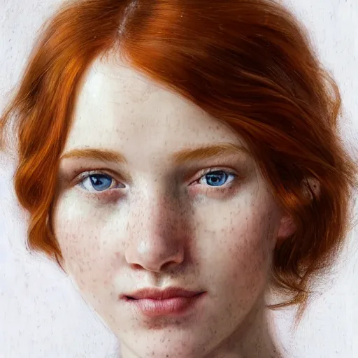 Image similar to portrait of a red haired girl, long hair, green eyes, hint of freckles, beautiful round face, soft amazed smiles, among golden fireflies, highly detailed, deep focus, elegant, digital painting, smooth, sharp focus, golden ratio, illustration, ultra realistic, 8 k, art by vittorio reggianini