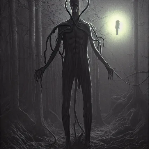 Prompt: photorealistic eldritch alien slenderman in the style of michael whelan and gustave dore. by greg rutkowski. hyperdetailed photorealism, 1 0 8 megapixels, amazing depth, high resolution, 3 d shading, 3 d finalrender, 3 d cinematic lighting, psychedelic overtones, artstation concept art.