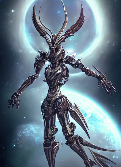 Image similar to goddess shot, galactic sized stunning beautiful anthropomorphic robot mecha female dragon, in space, larger than planets, posing elegantly, with earth in clawed hands, detailed silver armor, epic proportions, epic size, epic scale, ultra detailed digital art, furry art, macro art, dragon art, giantess art, warframe fanart, furaffinity, deviantart, realistic