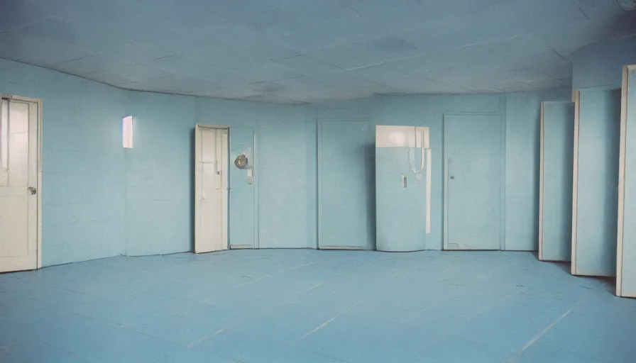 Image similar to 60s movie still of a sovietic stalinist style empty light blue tiles room with many toilets, cinestill 800t 50mm eastmancolor, liminal Space style, heavy grain-s 150