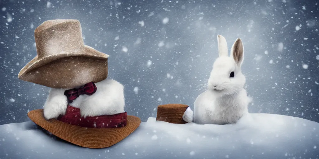 Image similar to white rabbit wearing a fedora chilling in the snow, digital art, realistic, 4K