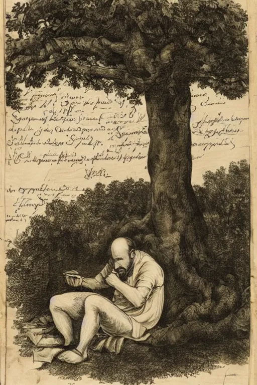 Prompt: shakespeare sitting beneath a shade tree with a big pile of crumpled parchment behind him