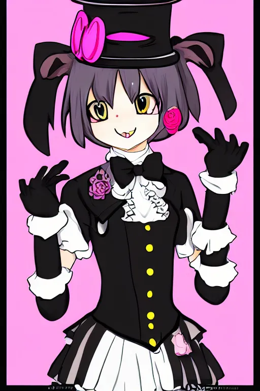 Image similar to Anime anthro cat with black fur, pink hair, and pink eyes in Gothic Lolita maid costume wearing small top hat in the style of Artstation