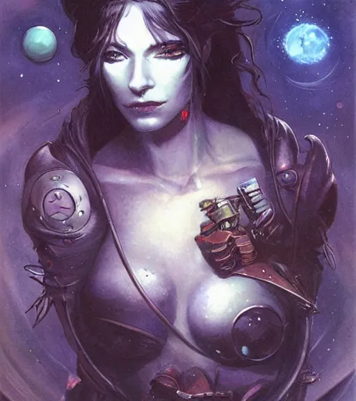 Prompt: portrait of female space pirate, night sky background, beautiful! coherent! by brom, by brian froud, deep color, strong line, high contrast