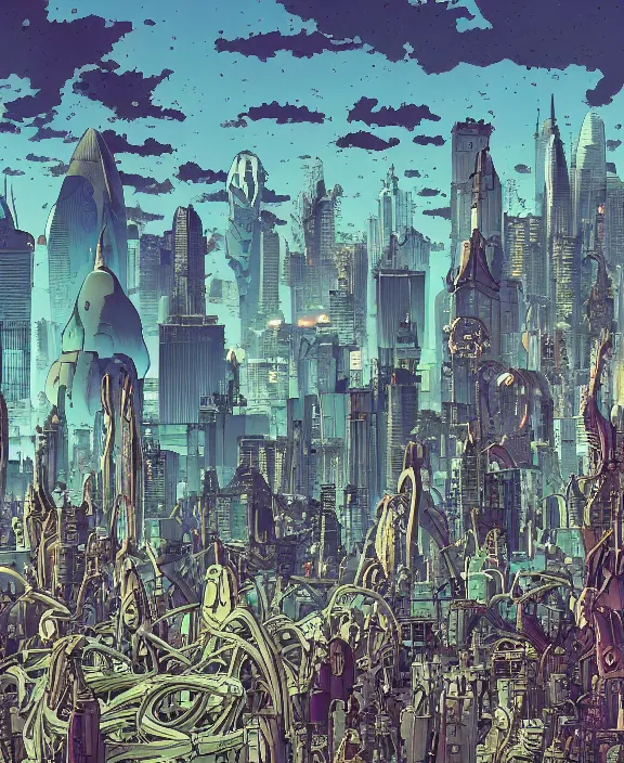 Image similar to simplicity, city skyline made out of sea slugs, in the style of a spaceship, skeletons, partly cloudy, spooky, dramatic lighting, by geof darrow, bill sienkiewicz, dan mumford, yusuke murata, makoto shinkai, ross tran, cinematic, unreal engine, cel shaded, featured on artstation, pixiv