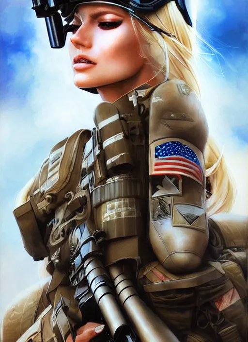Prompt: a sexy alluring blonde american sniper girl in war, with futuristic gear and helmet, portrait by nina masic and ross tran and miho hirano, detailed, epic photoreal, warm color tone
