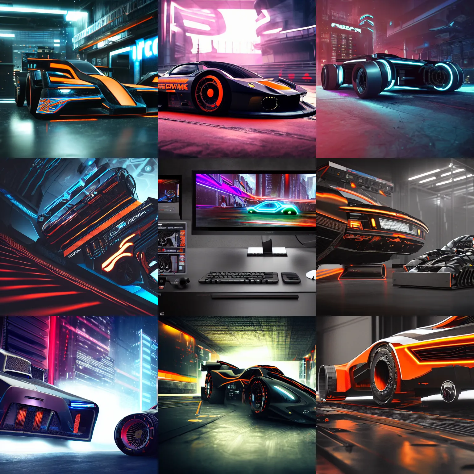 Image similar to a cyberpunk racing computer. Overpower, mat black metal, orange racing stripes, alienware, Beautiful dramatic dark moody tones and lighting, Ultra realistic details,cinematic atmosphere,studio lighting,shadows,dark background, Octane render,8K