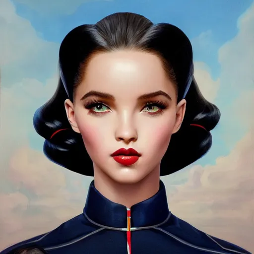 Image similar to tom bagshaw portrait, beautiful femme fatale mix of dove cameron madison beer bella poarch in a full navy marine suit, 1 9 5 0 pinup look, professionally retouched, focus eyes, ultra realistic soft painting, insanely detailed linework, symmetrical accurate intricate features, behance, 8 k