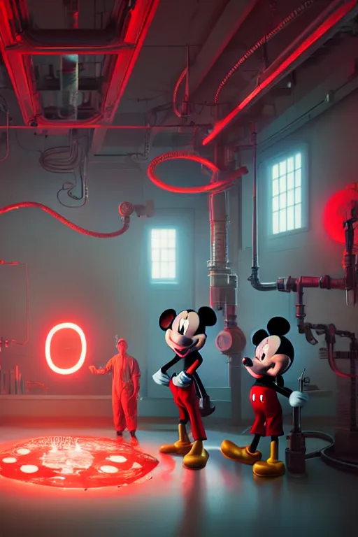 Prompt: bunch of mechanics operating bloody mickey mouse in science facility, big glowing netflix logo behind, greg rutkowski, beeple, gilleard, alphonse mucha cgsociety, unreal engine, octane render, highly detailed 4 k art, smooth, sharp focus, cinematic lighting,