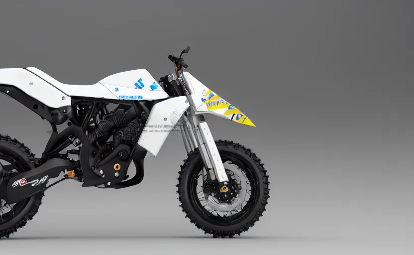 Image similar to suzuki prototype, dakar motorbike, symmetrical mechanical features, designed by professional, fog and dirt, industrial design, northen lights background, brushed white and blue paint, black wheel rims, hard surfaces modelling, show room scene, dramatic lighting, hyper realistic rendering, octane, depth of field, bokeh effect, 1 5 0 mm, 4 k