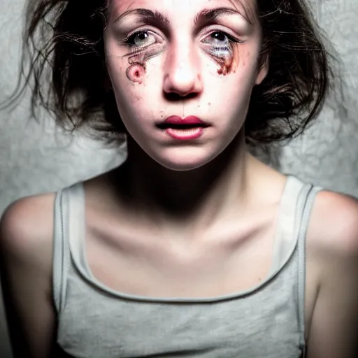 Prompt: photographic Close-up face of a extremely ugly girl with red eyes and light brown hair , high light on the left,non-illuminated backdrop, illuminated by a dramatic light, Low key lighting, light dark, High constrast, dramatic , flash studio,steve mccurry, Lindsay Adler, norman rockwell, craig mulins ,dark background, high quality,photo-realistic, 8K,