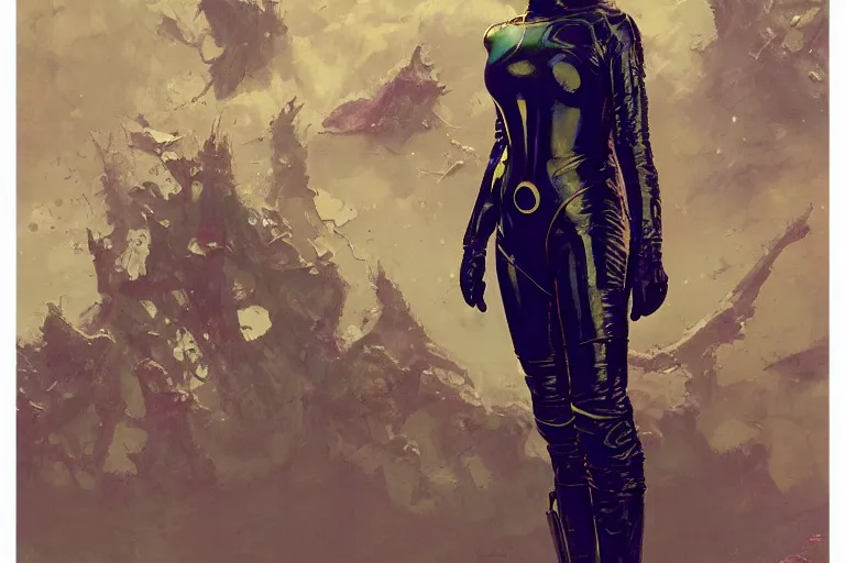 Prompt: pulp scifi fantasy illustration full body portrait of elegant woman wearing latex spacesuit, by norman rockwell, jack kirby, bergey, craig mullins, ruan jia, jeremy mann, tom lovell