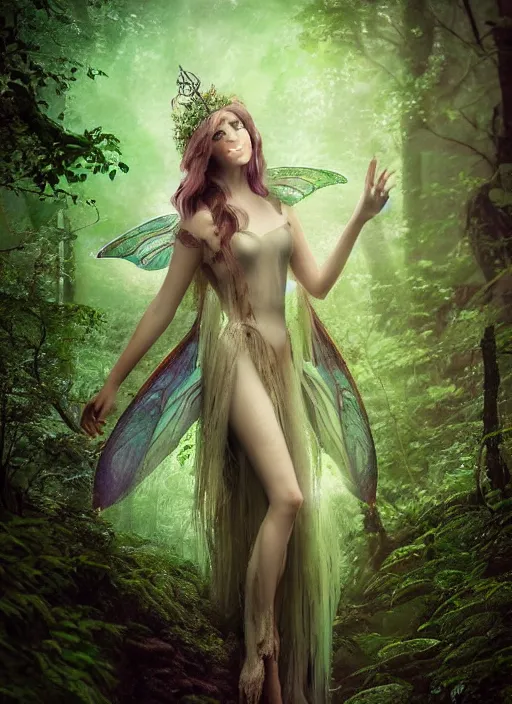 Image similar to beautiful photorealistic matte painting full body portrait fairy faerie fey fae queen standing in forest highly detailed subtle enchanting magic