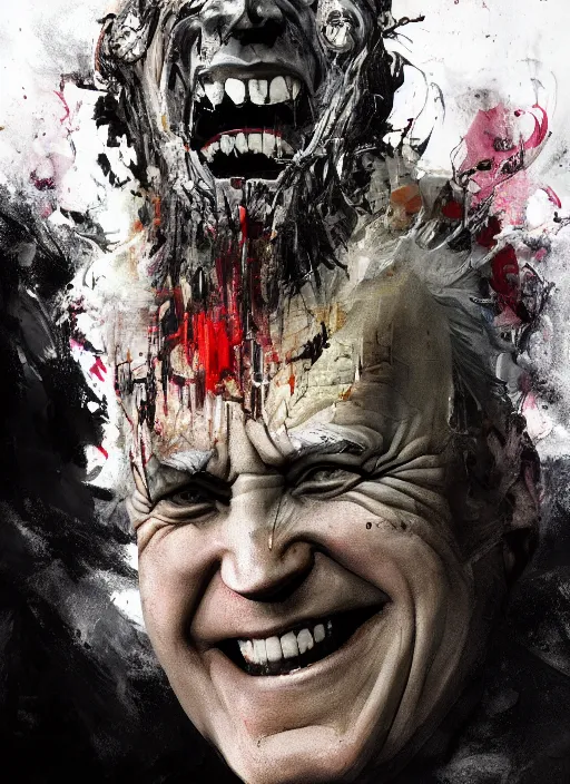 Prompt: crazy mad Joe Biden grinning demonic sadistic smile all powerful emperor of the world, high contrast, cosmic horror, abstract, masterpiece, trending on ArtStation, by Greg Rutkovski and by Craig Mullins and by David Cronenberg and by Ismail Inceoglu