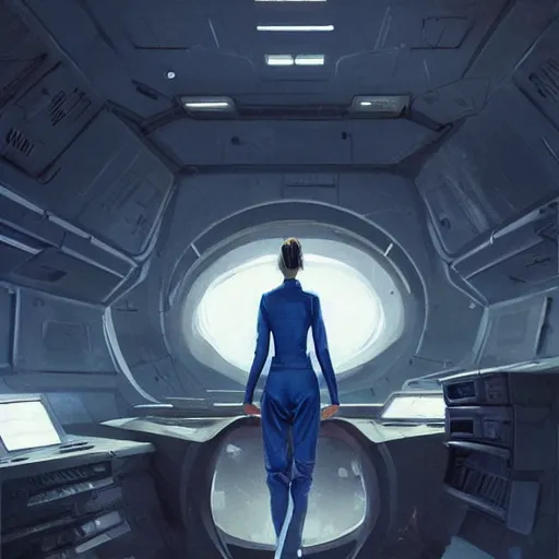 Image similar to concept art by greg rutkowski, a very tall, and slender blonde woman, wearing blue utilitarian jumpsuit, sitting in the spaceship command bridge, brutalist futuristic interior, dark lighting atmosphere, detailed portraits, nostalgic atmosphere, scifi, digital painting, artstation, concept art, smooth, sharp foccus ilustration, artstation hq