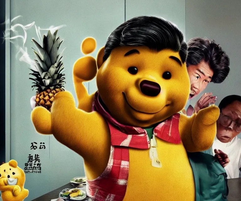 Prompt: hyperralism pineapple express movie still photography of real detailed xi jinping with detailed face smoking detailed weed in detailed basement bedroom with winnie the pooh hyperrealism photography by araki nobuyoshi