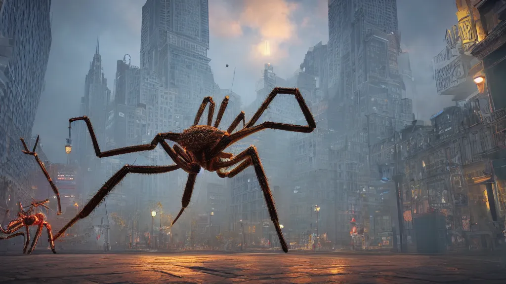 Prompt: giant spiders attacking the city, realistic, arachnophobia, unreal engine 5, global illumination, detailed environment, bright colours, cinematic, atmosphere, 4 k