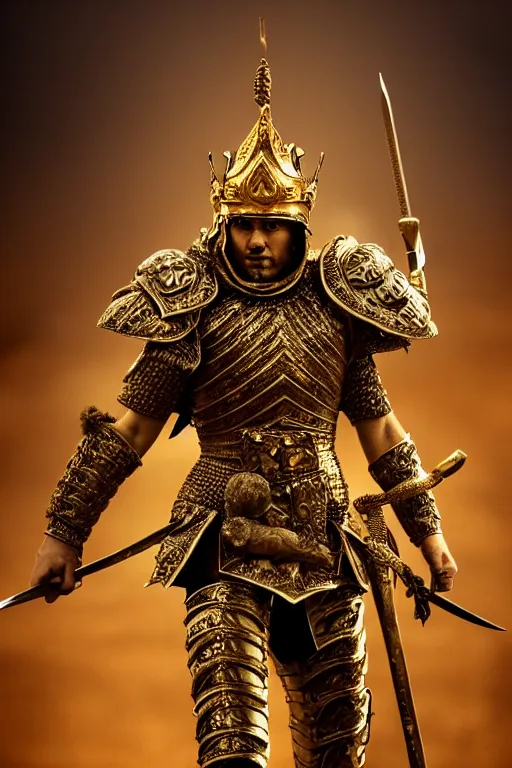 Prompt: the king in the desert, Warrior fighting in a dark scene, attractive face, detailed scene, gold crown, standing in a heroic figure, Armour and Crown, highly detailed, blood and dust in the air, action scene, cinematic lighting, dramatic lighting, trending on artstation, elegant, intricate, character design, motion and action and tragedy, fantasy, D&D, highly detailed, digital painting, concept art