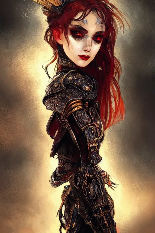 Prompt: portrait knights of Zodiac girl+smoky eyes, black and red reflected armor, in ruined Agora of Athensblack magic night, ssci-fi, fantasy, intricate, very very beautiful, elegant, golden light, highly detailed, digital painting, artstation, concept art, smooth, sharp focus, illustration, art by tian zi and WLOP and alphonse mucha