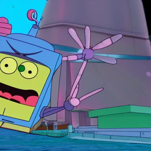 Image similar to plankton piloting a giant robot destroying the krusty krab, spongebob, 4 k,