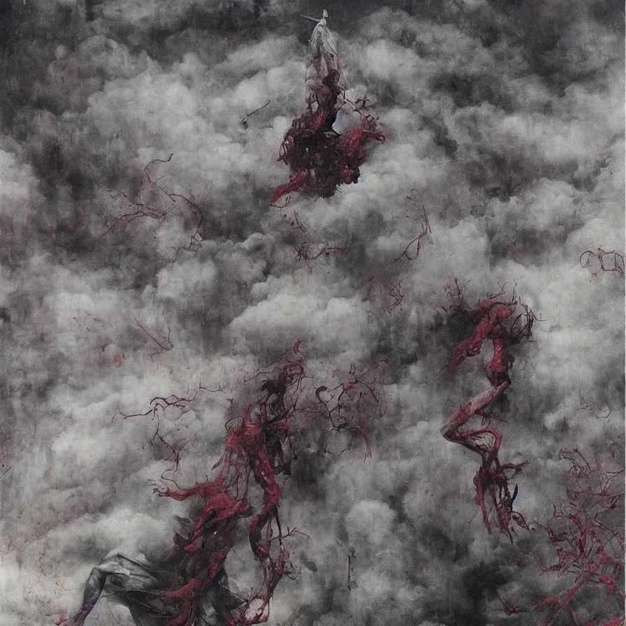 Prompt: a antichrist in clouds of atmospheric mist, high detailed beksinski painting, by adrian ghenie and gerhard richter. art by takato yamamoto. masterpiece, deep colours.