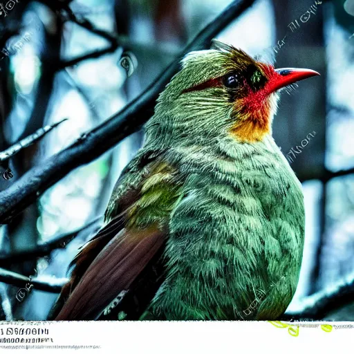 Image similar to super macro of a bird, in the forest. Fantasy magic style. Highly detailed 8k. Intricate. Nikon d850 300mm. Award winning photography.