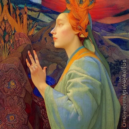 Image similar to queen of the dawn mountains, by annie swynnerton and charlie bowater and diego rivera and nicholas roerich and jean delville, dramatic lighting, brocade robes, elaborate floral ornament, rich colors, smooth sharp focus, extremely detailed