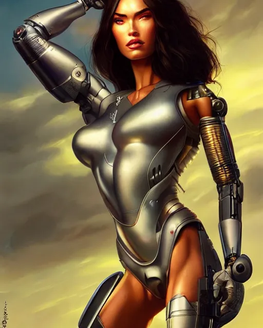 Image similar to weta disney pixar movie still portrait photo of megan fox as cyborg woman by pixar, by weta, wlop, ilya kuvshinov, rossdraws, artgerm, maxim cover, latex, sweaty, iridescent, bright morning, anime, liosh, mucha