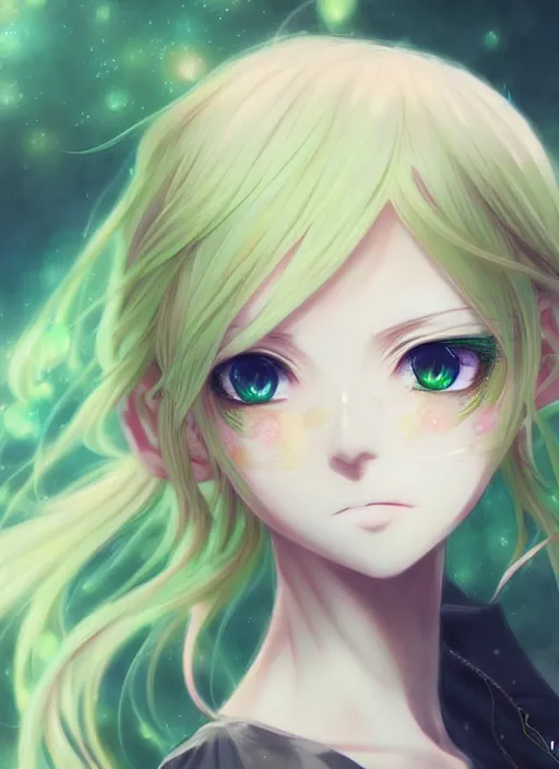 Image similar to very cute and beautiful anime girl portrait with highly detailed green eyes and pastel yellow hair, with intricate details, in professional modern anime style, made by ross tran, wlop, laica chrose, fashionable cute anime girl,