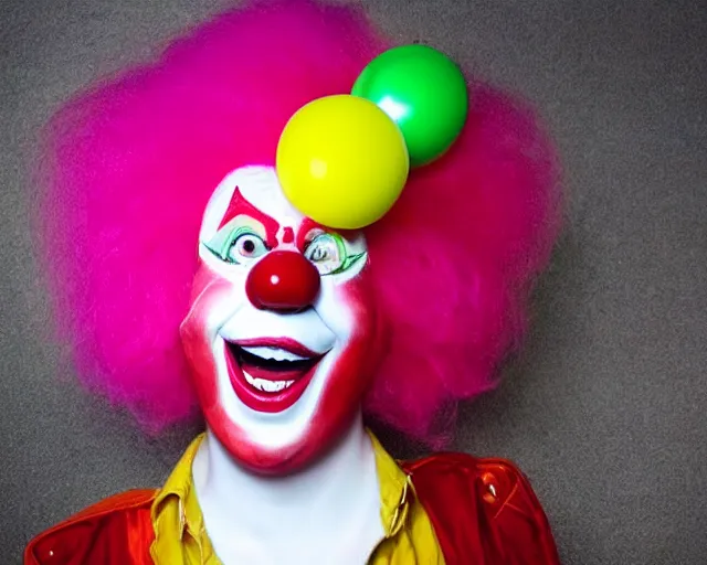 Image similar to mischief the clown, interface, umami, youtube series, pink monster clown, red lips with yellow teeth, big red nose, large yellow eyebrows, pink spaghetti body