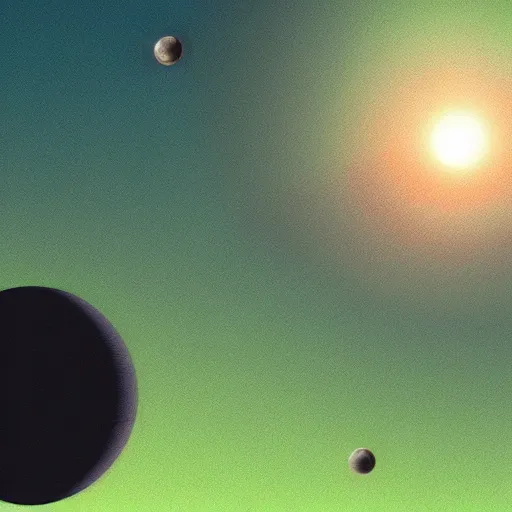 Prompt: a green sunset on the surface of an alien planet that orbits two stars