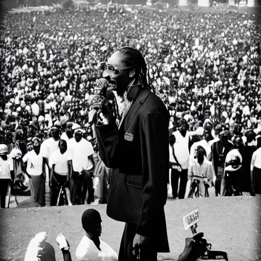 Image similar to vintage photograph of Snoop Dogg speaking at the Million Man March, Sigma 40mm, portrait, black and white