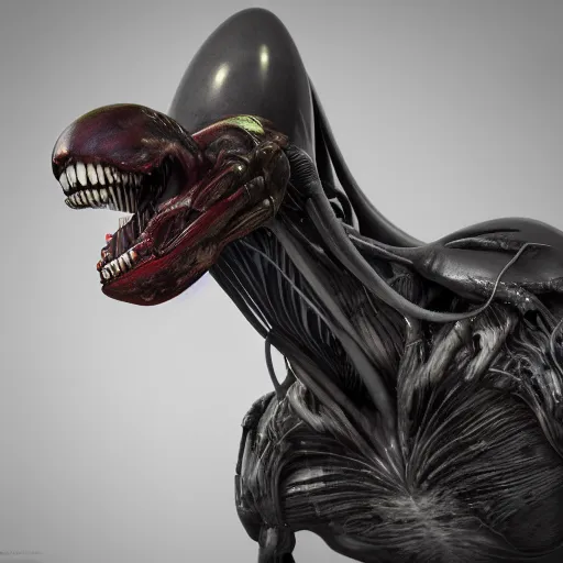 Prompt: centered photorealistic xenomorph Cat statue inspired by Giger, octane render, unreal engine 4k, volumetric light, fog, wide shot, detailed