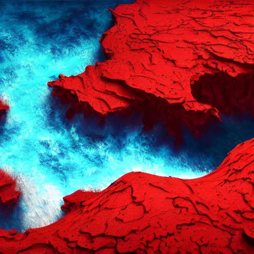 Image similar to gorgeous detailed oil painting of a red sea covered in big blue rocks, the further away the mistier it gets, dark aesthetic, atmospheric, concept art, octane render, unreal engine 5, trending on artstation, high quality, path traced, surreal, trending on deviantart, moody, highly detailed, masterpiece, award winning, 4 k hdr, digital art