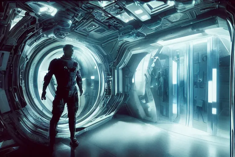 Image similar to a cinematic portrait of a cyber tech mutant inside of a mothership looking out of a large doorway, beautiful lighting, high depth, ultra realistic, artistic, by annie leibovitz and zack snyder