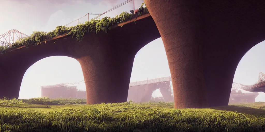 Image similar to a big bridge destroyed by cotton plants, 3 d octane render, epic lighting, 8 k, by goro fujita