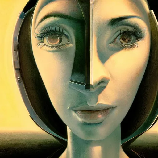 Image similar to detailed face of a woman, clockwork, moment, tectonic sky, skydome, bullet train, turbines, utopian, tech noir, wet reflections, prism, atmospheric, ambient, pj crook, syd mead, livia prima, greg rutkowski, edward hopper