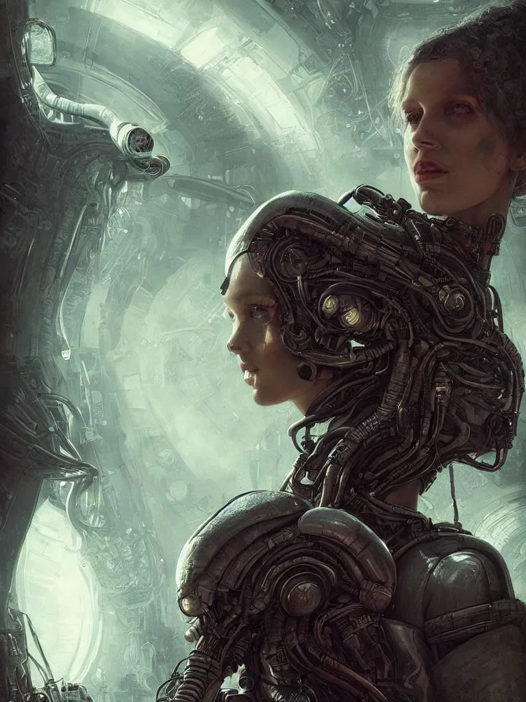 Prompt: a hyperrealistic cyberpunk portrait of a gorgeous woman in the movie Alien, in a derelict spaceship and fractal sunlight, award-winning, masterpiece, in the style of Tom Bagshaw, Cedric Peyravernay, Peter Mohrbacher