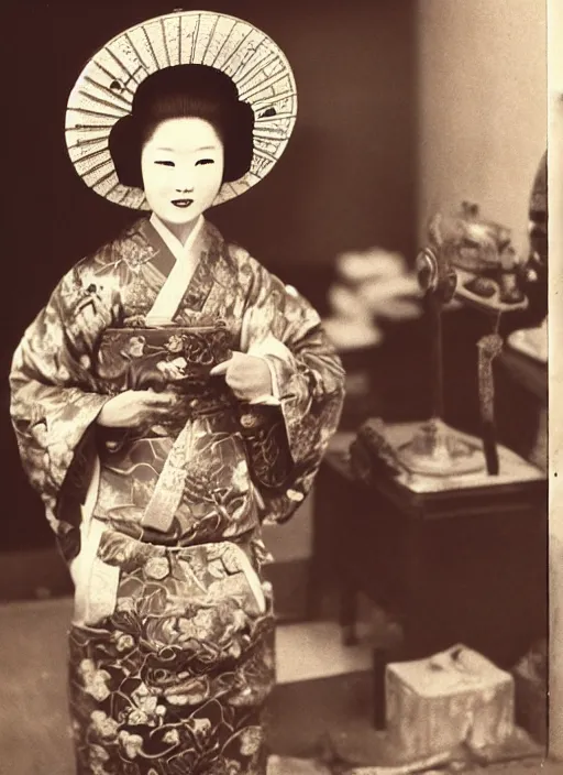 Image similar to old vintage photo of Chinese ancient geisha in the ancient temple looking at big space suit helmet laying in front of her on the altar, symmetrical face, big eyes and lips, looking at camera, subtle makeup, clean face and body skin,ecstatic expression,volumetric lights,depth of field, lens flares, dust in the air, moody lighting, intricate, elegant, highly detailed, centered, smooth, sharp focus, Donato Giancola, Joseph Christian Leyendecker, WLOP, Boris Vallejo, Artgerm moody photography, old photo, black and white, sepia, cinematic lighting, cinematic angle, national geographic