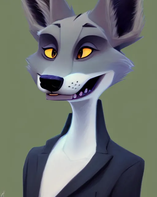 Image similar to oil painting of anthromorphic female wolf, in style of cory loftis, fursona, furry, furaffinity, 4 k, deviantart, furry art, fursona art, wearing black business suit, business suit, in style of zootopia, wolf fursona, cyberpunk, female, very very very expressive detailed feminine face,