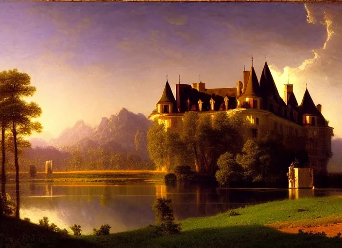 Image similar to beautiful illustration of chateau in a serene landscape, by albert bierstadt, magic realism, narrative realism, beautiful matte painting, heavenly lighting, retrowave, 4 k hd wallpaper h 7 2 0