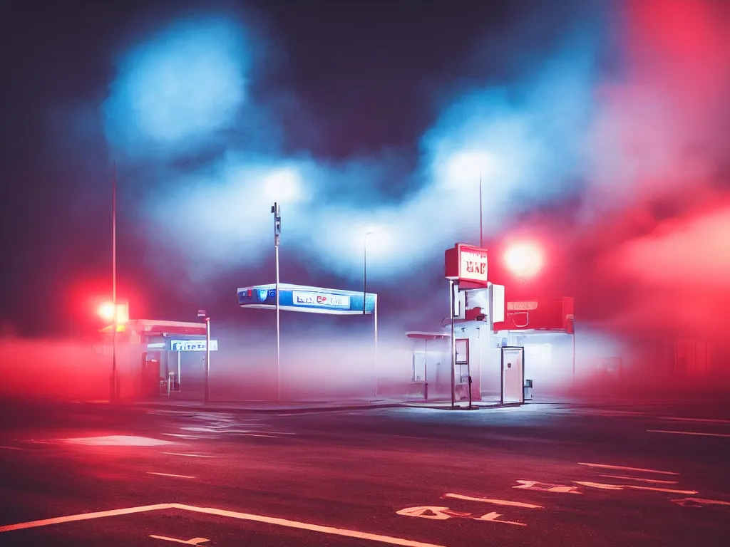 Image similar to “photography of gas station , fog, blue and red lights, night, mood, atmospheric, full of colour, digital photography”