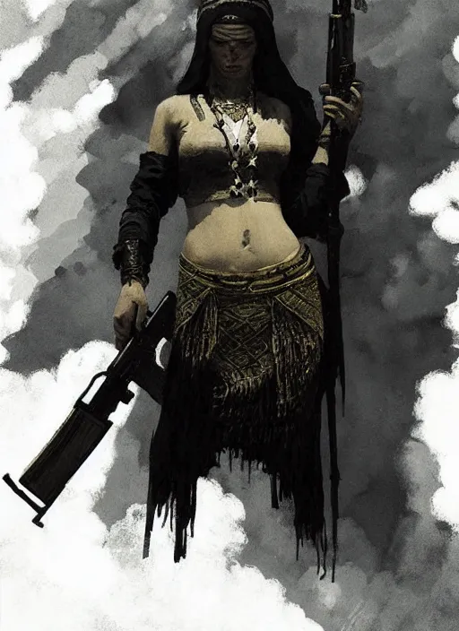 Image similar to marana slavic goddess with ak - 4 7 in arms in traditional slavic clothes : by anato finnstark kvlt by peder balke by peder balke by greg rutkowski, mystic high contrast monochromatic noir