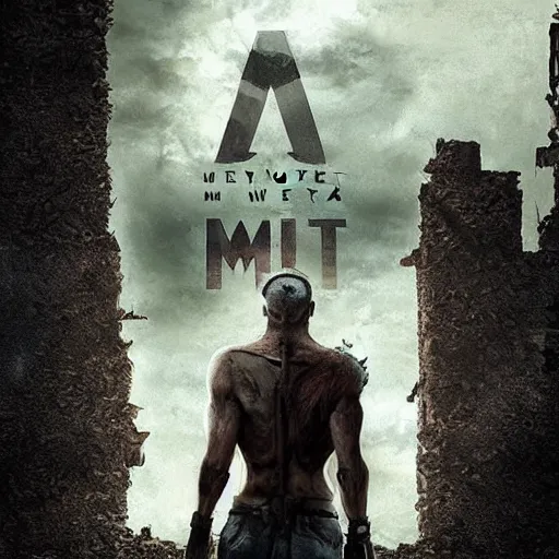 Image similar to a very huge, very big masked mutant man standing next to a very small blonde woman, they are staring at the horizon where there are the ruins of a city, postapocalyptic, mad max style, award winning photograph, over the shoulder, back, behind