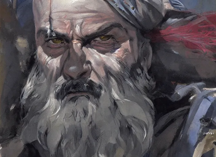 Image similar to a highly detailed beautiful painting of a homeless man as kratos, by gregory manchess, james gurney, james jean