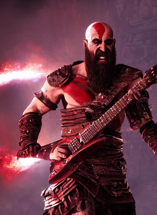 prompthunt: kratos shredding on a flaming stratocaster guitar