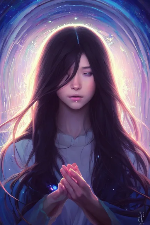 Prompt: a beautiful girl with long dark hair, going through a portal between worlds, intricate, highly detailed, digital painting, artstation, official media, anime key visual, concept art, rich vivid colors, ambient lighting, sharp focus, illustration, art by Artgerm, Makoto Shinkai, Ilya Kuvshinov, Lois Van Baarle, and Rossdraws