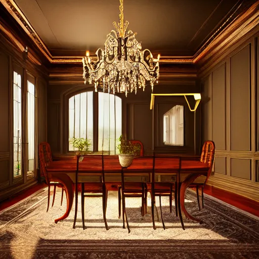 Prompt: Dining room house, luxury, modern, artstation, hyper realistic, 8K, 35mm photography, warm lighting, Victorian, wood, chandelier, grandfather clock, furniture, large windows to forest, no blur